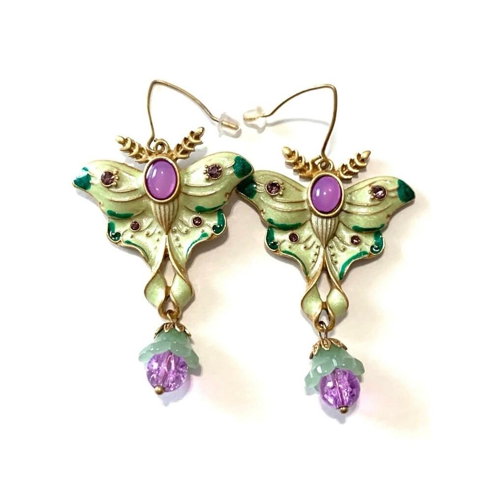 Mint Green Enamel Victorian Style Moth Rhinestone & Cabochon Dangle Earrings